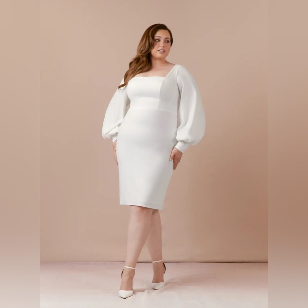 Azazie Elegant White Long Sleeve Square Neck Wedding Dress with Button Detailing